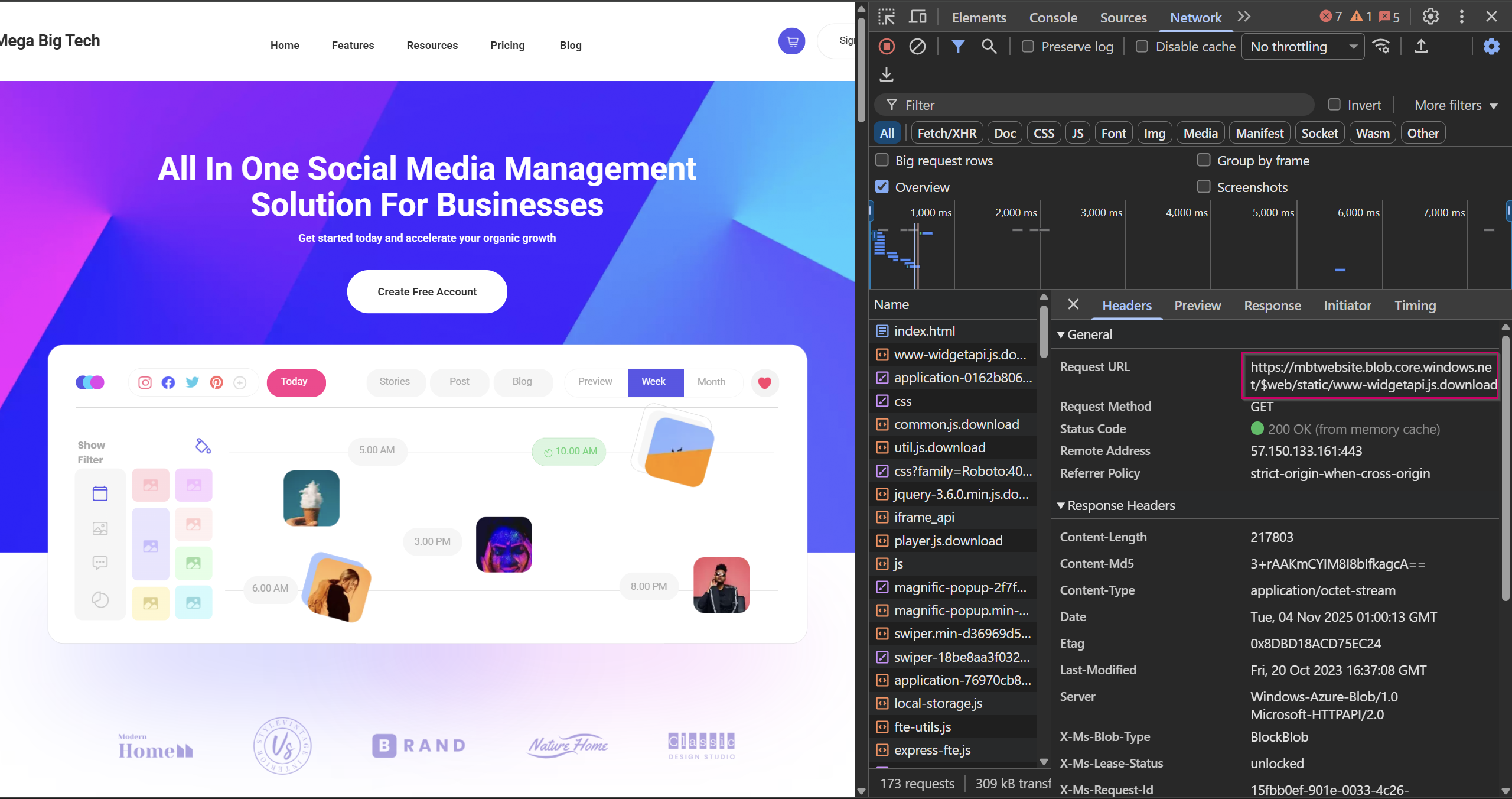Network traffic showing Azure blob storage URL