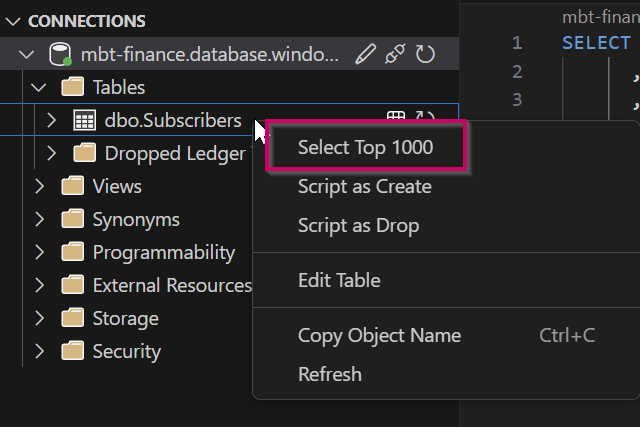 SQL table results view