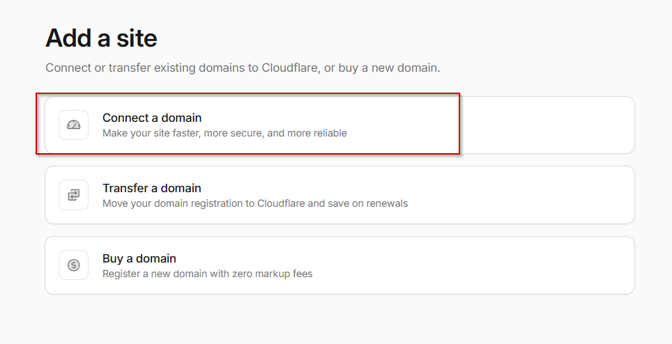 Selecting Connect a Domain in Cloudflare