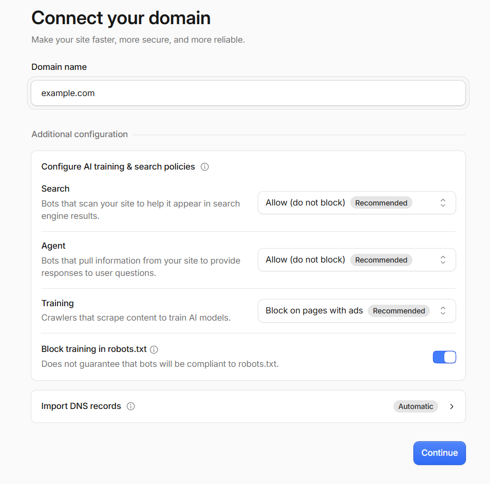 Entering the domain and importing DNS records