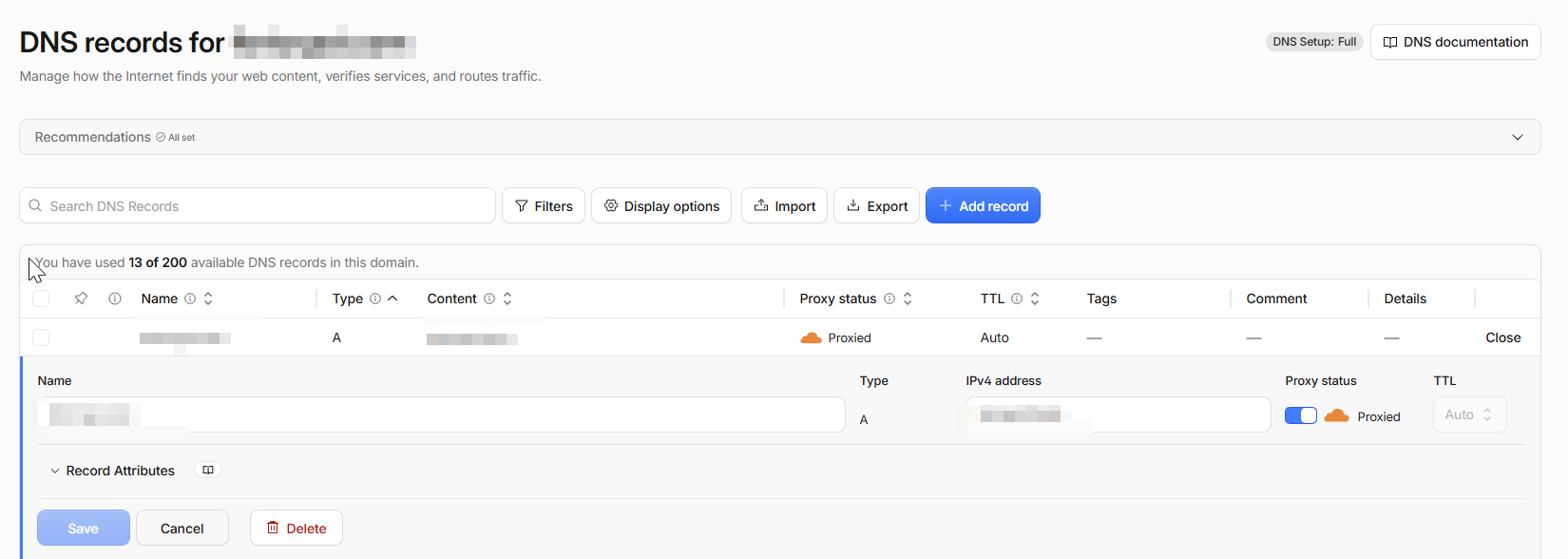 Enabling Cloudflare proxy on an A record