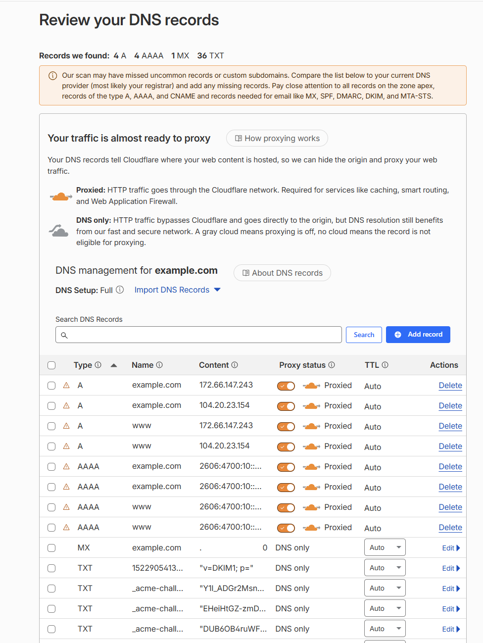 Reviewing imported DNS records