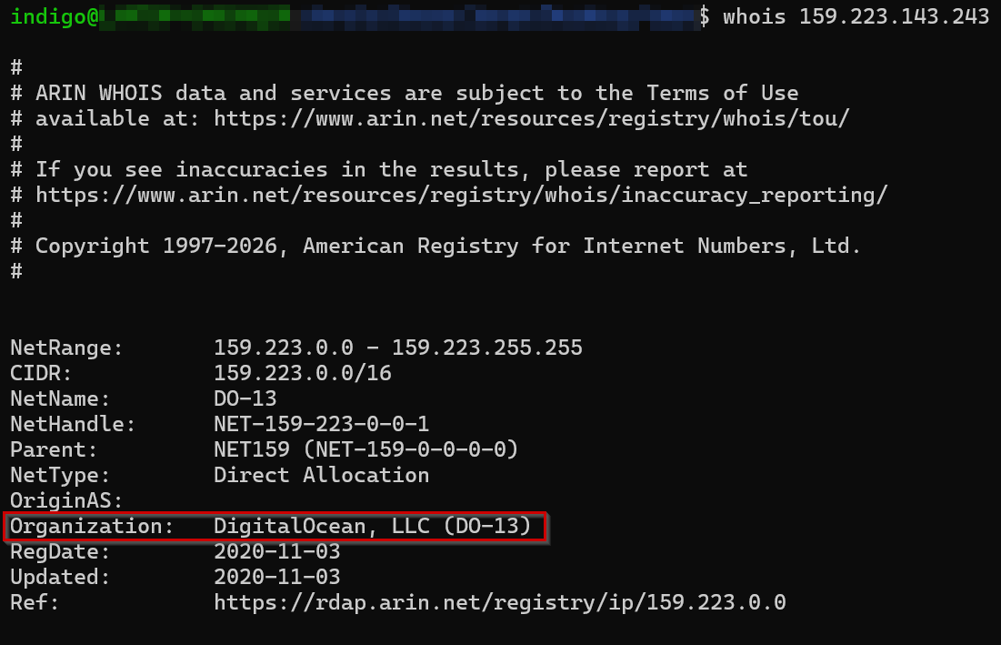 whois results tying the IP address to DigitalOcean
